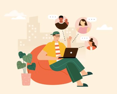 Ev videosundaki kanepede oturan bir adamın laptoptaki arkadaşlarıyla yaptığı telefon görüşmesinin düz çizimi. Çevrimiçi görüntülü konuşma yapan insanlar.