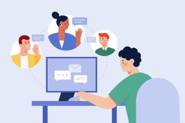 Meslektaşlarına e-posta ve mesaj göndermek için bilgisayar kullanan bir adam. Evden veya internet üzerinden çalışma kavramı.