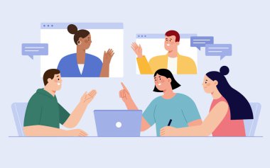 Flat illustration of modern business conference. Group of people having on site meeting with two colleagues remotely discussing via video call. clipart