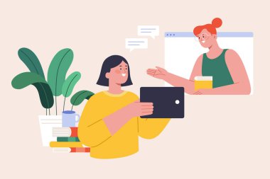 Öğrencinin dijital tabletinde online ders aldığını gösteren düz bir çizim. E-öğrenim ya da yetişkin gelişimi konsepti.