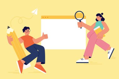 Öğrencilerin internet tarayıcısını iyi bilgi aramak ve not almak için kullandıklarının düz bir çizimi. E-öğrenme kavramı.