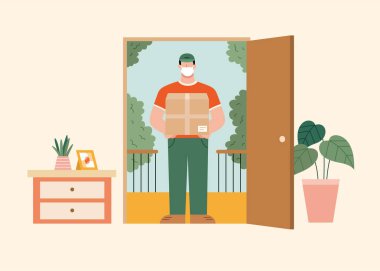 Evin kapısında duran yüz maskeli bir teslimatçının düz çizimi. Salgın sırasında çevrimiçi alışveriş malzemelerinin ev teslimatı.