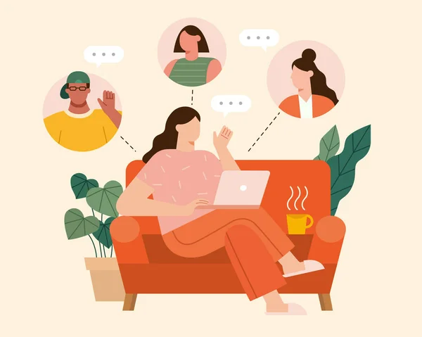 Flat Illustration Woman Sitting Sofa Home Video Chatting Friends People — Stock Vector