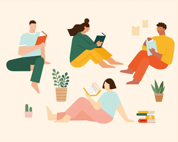 Conjunto Pessoas Diferentes Lendo Livros Ilustração Plana Homens Mulheres Que —  Vetores de Stock