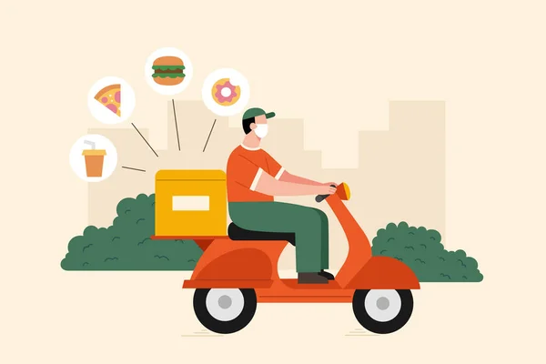 Entrega Rápida Comida Través Bicicleta Ilustración Plana Mensajero Con Máscara — Vector de stock