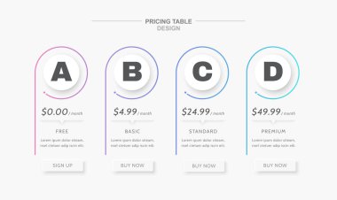 Minimal pricing table layout with 4 subscription plans and link buttons. UI web page template for price comparison or promotion. clipart