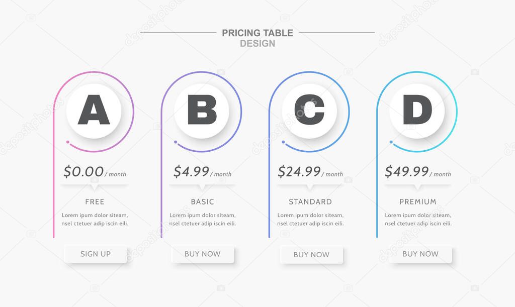 Minimal pricing table layout with 4 subscription plans and link buttons. UI web page template for price comparison or promotion.