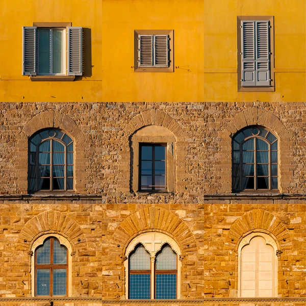 Conjunto de janelas de edifícios antigos em Florença — Fotografia de Stock