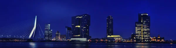 Erasmus-Brücke mit Rotterdam, Niederlande-Skyline bei Nacht. Panoramablick — 스톡 사진