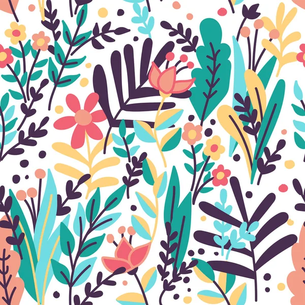 Hojas sin costura tropical y flores patrón de ilustración vectorial. Motivo sin costuras para envolver, papel pintado, tela, impresión de decoración. — Vector de stock