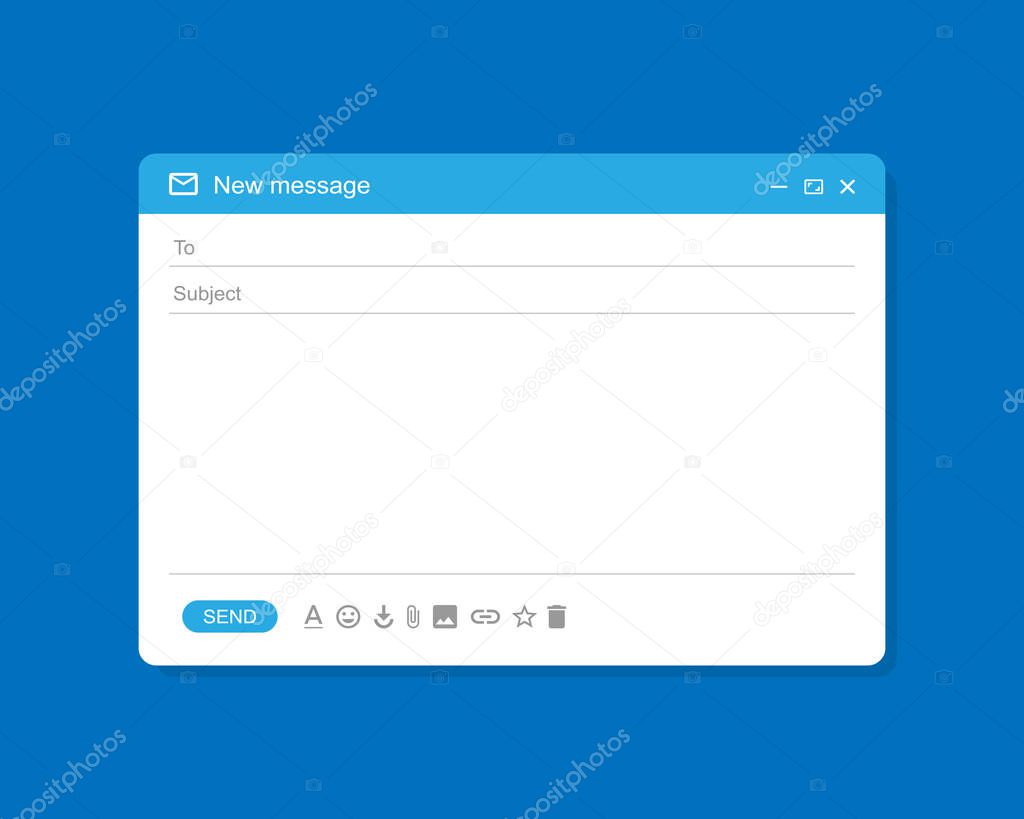 Email interface window isolated on blue background. Message sending form Vector illustration EPS10