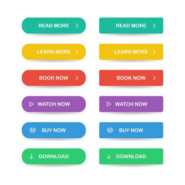 Web düğmeleri düz bir şekilde ayarlandı. Web sitesi veya oyun vektörü EPS10 için şimdi düğmeleri oku, öğren, kitap oku, izle ve indir