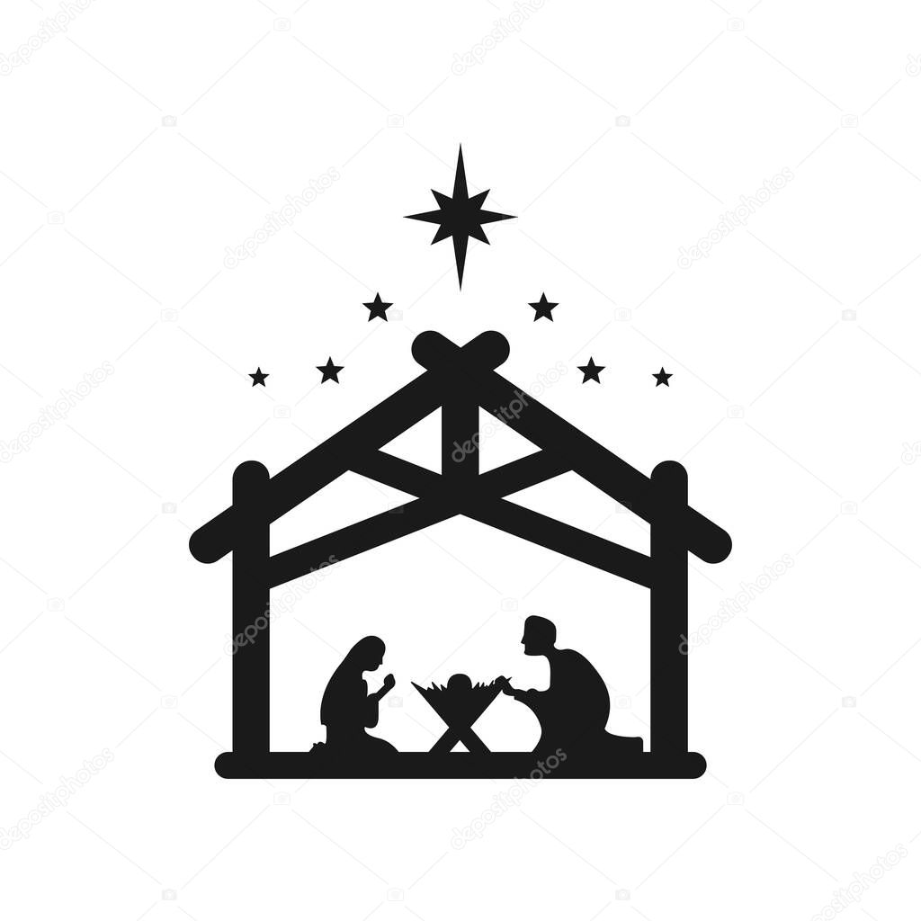 Jesus Christ was born symbol. Merry Christmas. Mary and Joseph bowed to the newborn Savior in a stable Vector EPS 10