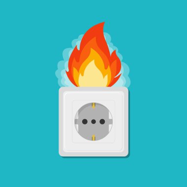 Priz yanıyor. Elektrik devresi bozuldu. Alev tıkacı Vektör illüstrasyonu EPS 10