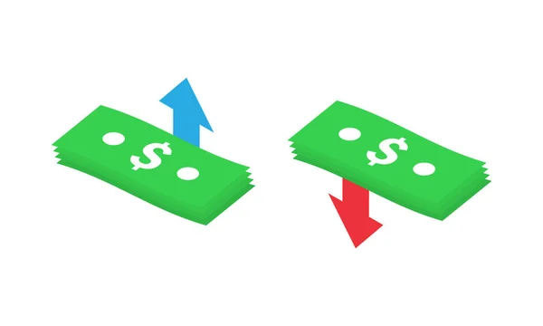 Stapel Dollar Bill Met Neer Pijlen Plat Pictogram Geïsoleerd Witte — Stockvector