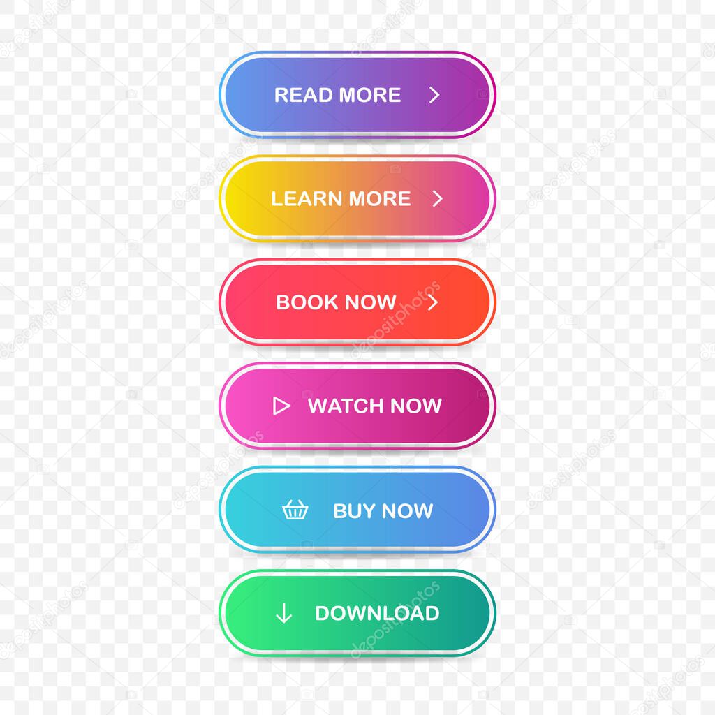 Read, Learn more, Book, Watch, Buy now, Download. Set of modern multicolored buttons Vector EPS 10