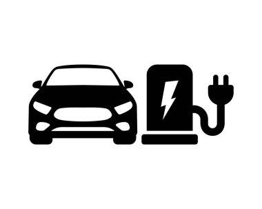 Elektrikli araba şarj vektör simgesi. Elektrikli yakıt ikmali. Eko taşıma sembolü izole edilmiş Vektör illüstrasyon EPS 10