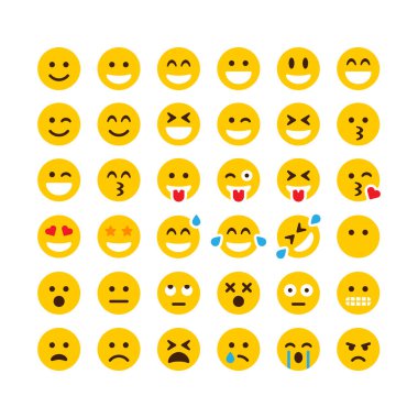 Bir dizi Duygu Simgesi. Emoji seti. Gülümseyen renkli vektör simgeleri izole edilmiş Vektör illüstrasyon EPS 10