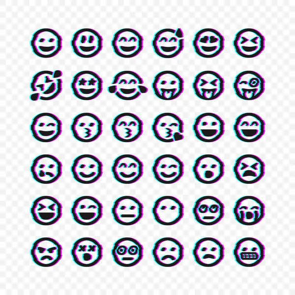 Set Gangguan Vektor Emoticons Set Emoji Smile Glitch Icons Isolated - Stok Vektor