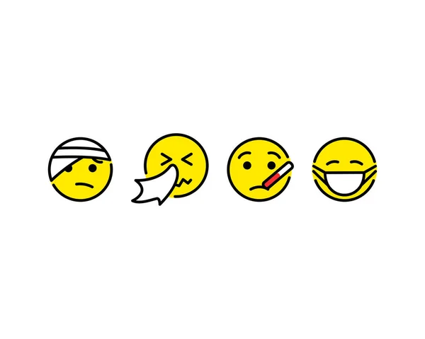 一组恶心的情绪矢量图标 带绷带 流鼻涕 带口罩的笑脸符号孤立的病媒Eps — 图库矢量图片