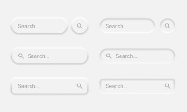 Neumorphic arama çubuğu seti. Tarayıcılar, siteler, mobil uygulama ve arama düğmeleri için web ögeleri. Nöroorfizm tasarım Vektör illüstrasyonu EPS 10