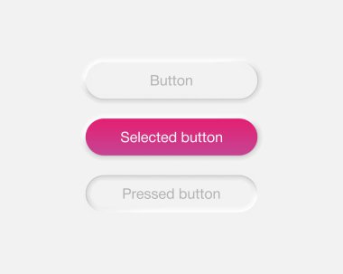 Neumorfik arayüz düğmeleri ayarlandı. Gri arkaplan vektörü EPS 10 üzerinde izole edilmiş neumorfizm dizaynında seçili ve basılmış tuş