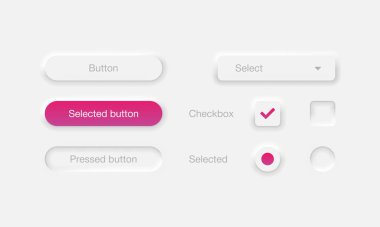 Neumorfik arayüz düğmeleri ayarlandı. Nöroorfizm tasarım elementleri gri arkaplan vektörü EPS 10 üzerinde izole