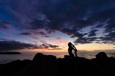 Sunset yoga on Tenerife beach clipart