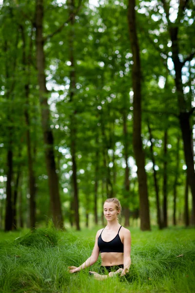 Medetation yoga session i skoven - Stock-foto