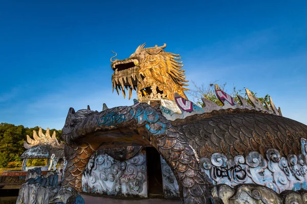stock image Abandoned water park Thuy Tien Lake in Hue, Vietnam. Beautiful landscape of jungle overcoming architecture.