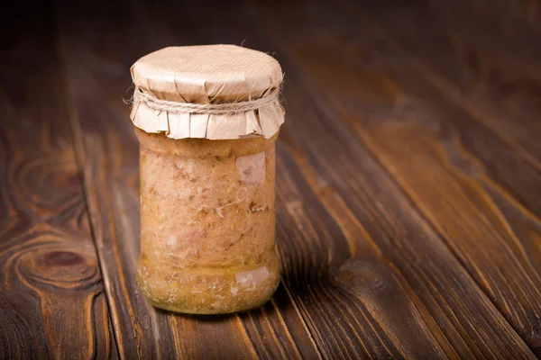 Homemade delicious sausage in jar — Stock Photo, Image