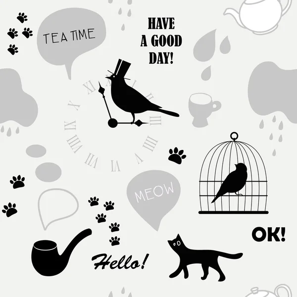 Grey british pattern with cat and bird — Stock Vector
