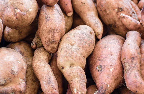 Fresh local sweet potatoes at the market — Stock Photo, Image