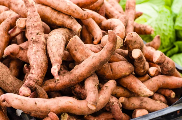 Fresh local sweet potatoes at the market — Stock Photo, Image