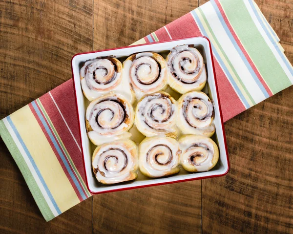 Pan of fresh cinnamon rolls