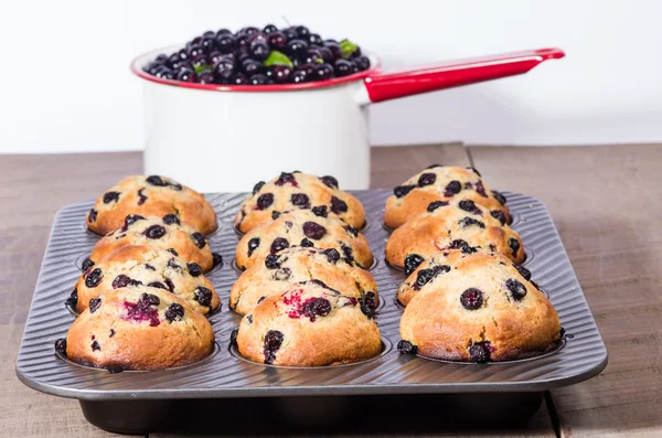 Metal muffin pan with fresh berries — Stock Photo, Image