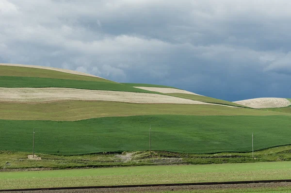 Glooiende groene boerderij velden met boos storm — Stockfoto