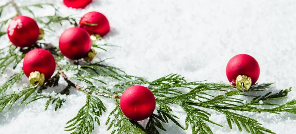 Border of evergreen bough and red balls — Stock Photo, Image