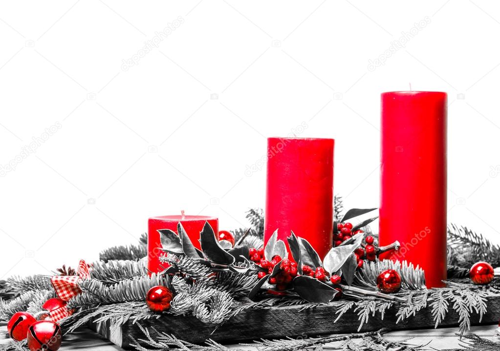 Red Christmas candles with white background and black and white