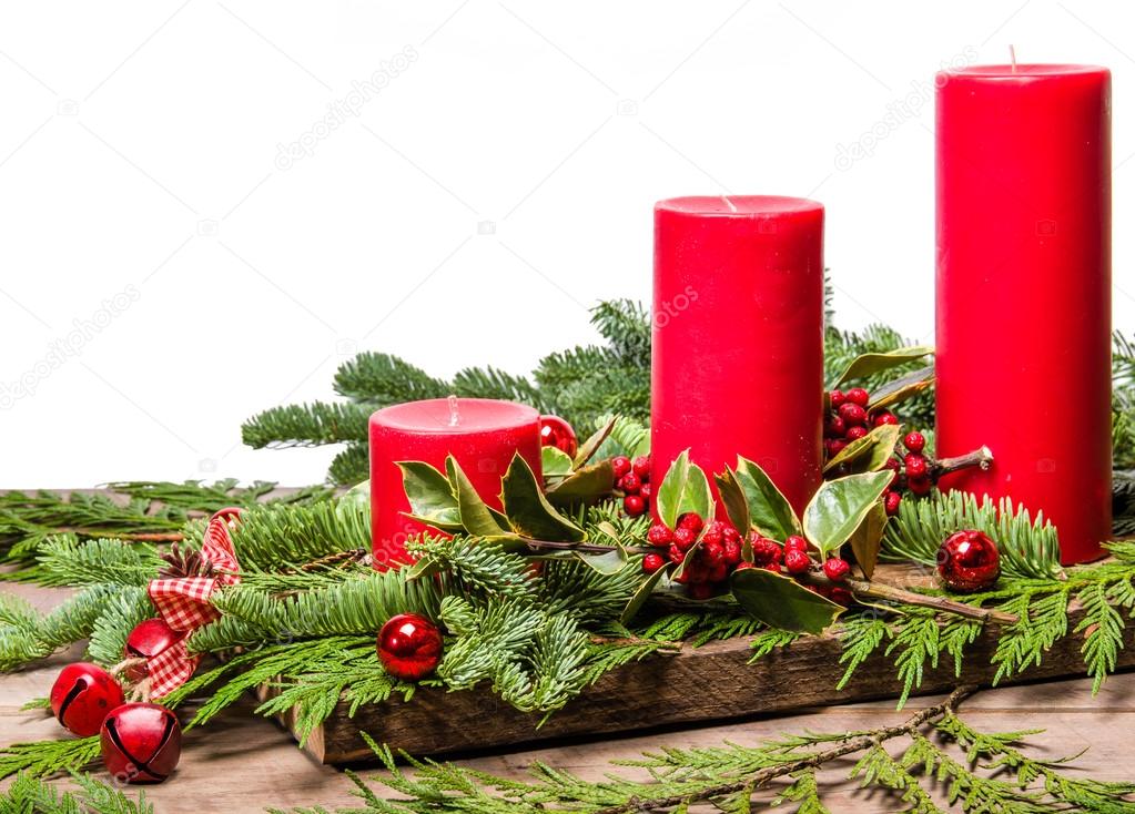 Red Christmas candles with white background and ribbon