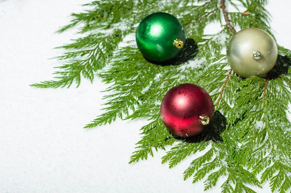 Bolas de Navidad sobre hojas de cedro —  Fotos de Stock