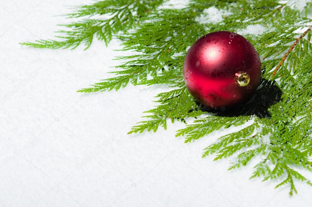 Border with Christmas red ball on snow