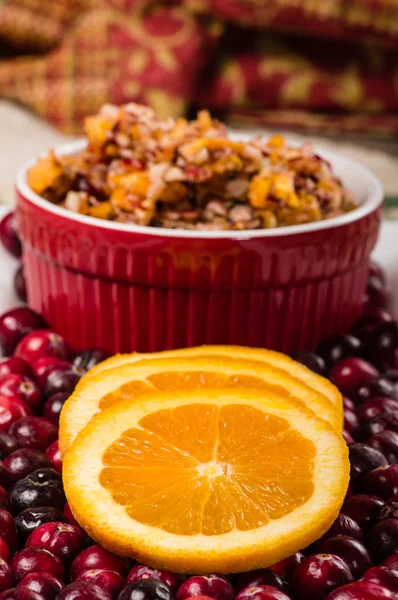 Orange slices on plate of cranberries — Stock Photo, Image