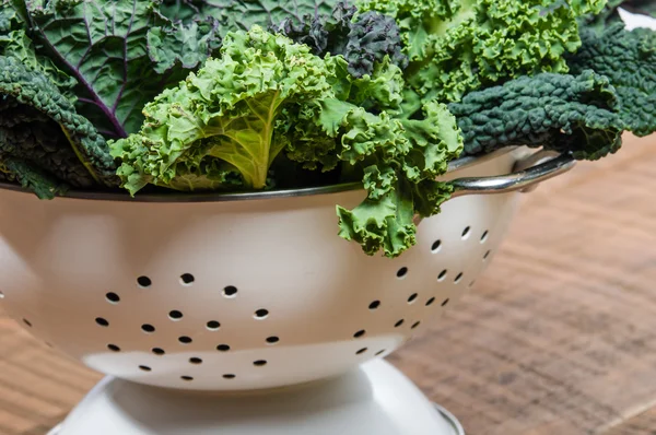 Red and green kale in colander — Stock Photo, Image