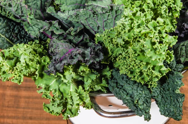 Red and green kale in colander — Stock Photo, Image