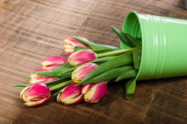 Pink tulips in a bouquet container — Stock Photo, Image