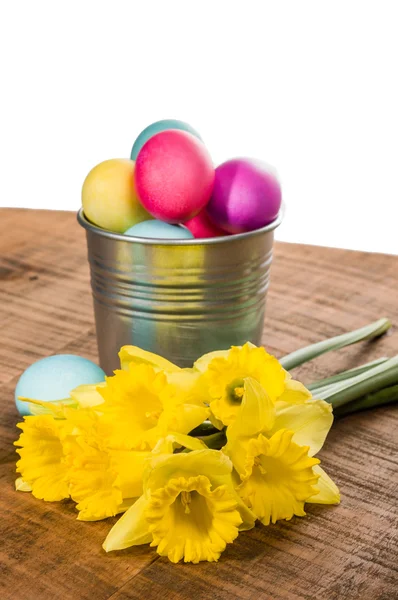 Silver container of dyed Easter eggs — Stock Photo, Image