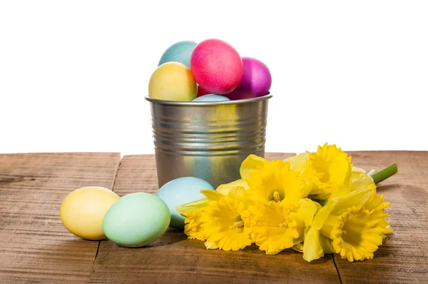 Silver container of dyed Easter eggs — Stock Photo, Image