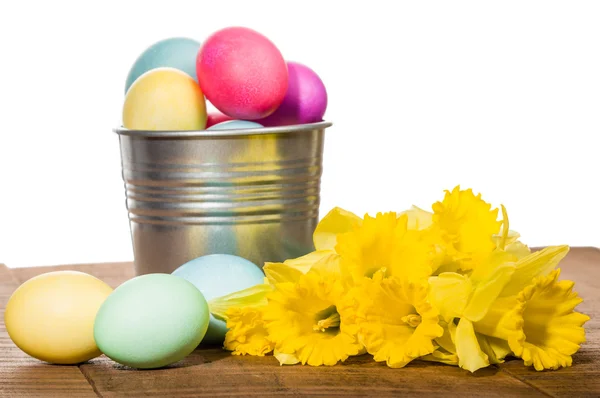 Silver container of dyed Easter eggs — Stock Photo, Image