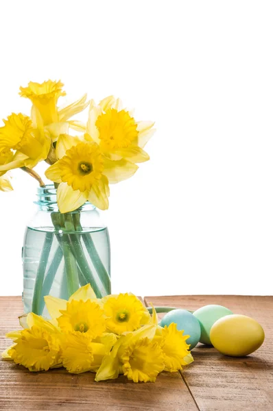 Daffodils e ovos de Páscoa tingidos — Fotografia de Stock